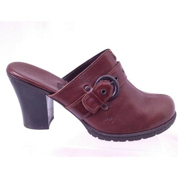 Born BOC Brown Leather Buckle Slip On Mules Heels Size 10 US - Picture 2 of 11
